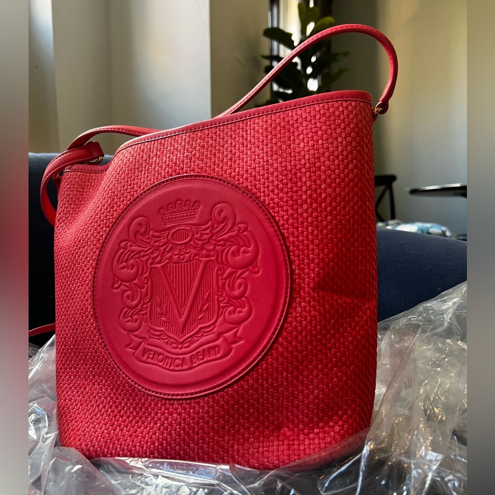 Veronica Beard CORAL Raffia Bucket Bag